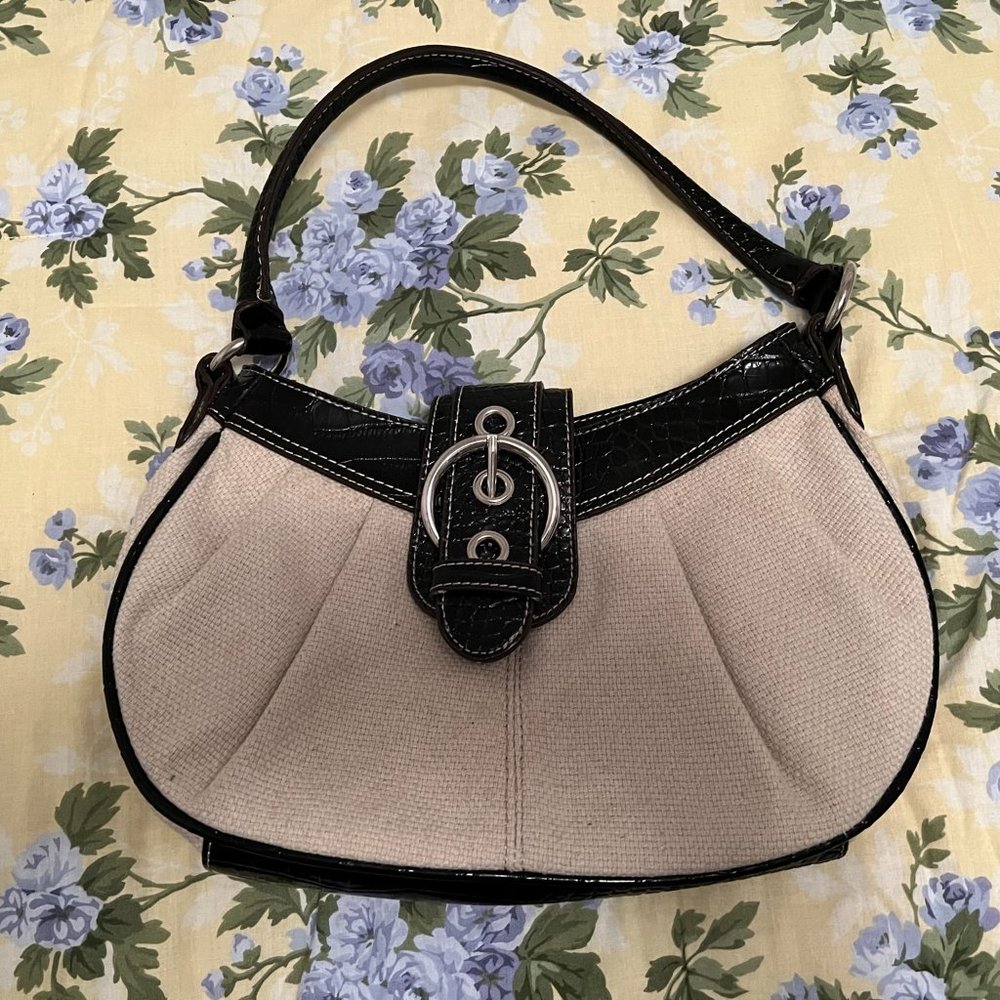 Nine West Shoulder Bag - Cream Fabric and Black Patent w/Magnet Closure